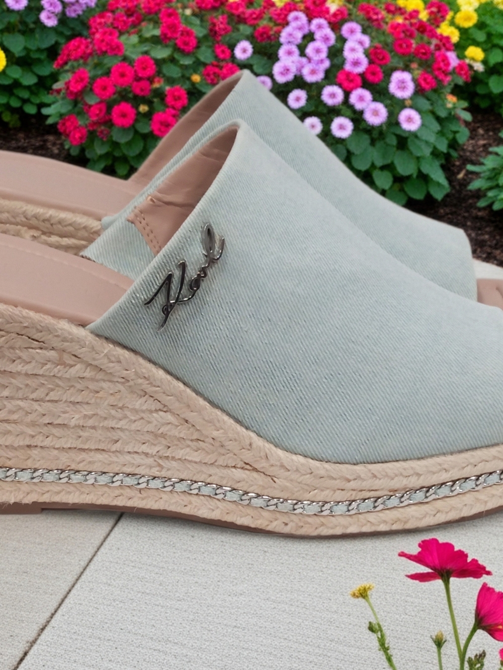 Karl Lagerfeld Light Denim Espadrille Wedge Slide Mules